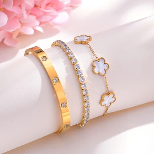 MPRAINBOW Womens Stackable Floral Gold Bracelets - 3Pcs 18K Gold Plated Bracelet,Stainless Steel Bangle Bracelets Non Tarnish, Gold Bracelet Set Trendy Jewelry,Christmas Valentines Birthday Gifts for Girlfriend