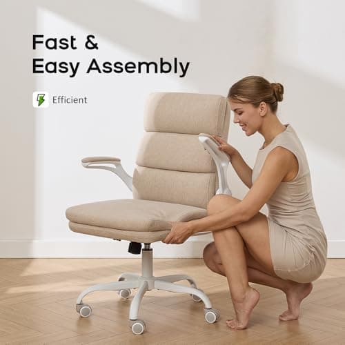amseatec Office Chair Adjustable Desk Chair Mid Back Executive Comfortable Fabric Ergonomic Back Support Home Computer Chair with Padded Flip-up Armrest Swivel Wheels (Beige)