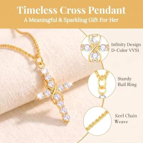 11 Round Moissanites,D-VVS1,Gifts for Christian Women,Religious Faith Jewelry|Anniversary Birthday Gifts for Wife Her w/LED Infinity Moissanite Cross Necklace for Women|S925 18K Gold Filled B0GVN8C6P5