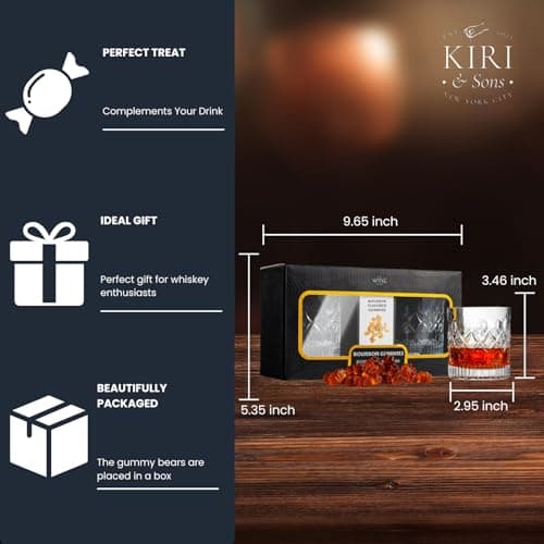 Bourbon Gummy Gift Set with 2 Whiskey Glasses – Bourbon-Flavored Candy Bears & Crystal Lowball Glasses – Father’s Day Gift for Whiskey & Scotch Lovers, Dad, Husband, or Him – Tasting Set