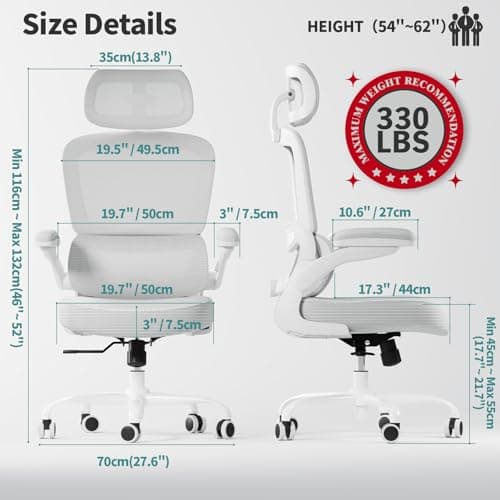TRALT Ergonomic Office Chair - Desk Chair with Adjustable Headrest Lumbar Support Computer Chair - Mesh Comfy Chair with Flip-up Armrests - Gaming Chairs for Adults Home Office (Leather, White)