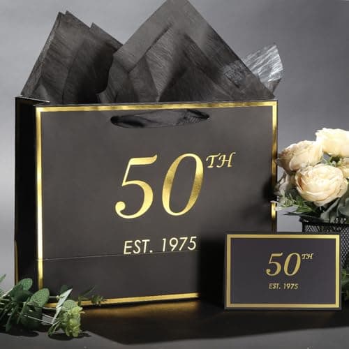 momoake 50th Birthday Gift Bag with Card and Tissue Paper for Men Women Him, 1975 50 Year Old 13" Elegant Black Gold Anniversary Keepsake Party Present Shopping Paper Bags for Gifts Wrapping