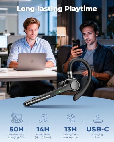 Ngsod Bluetooth Headset V5.4, Bluetooth Earpiece with 500mAh Charging Case, 50H Talk Time Wireless Headset with Mic for Computer Cell Phones, Hands Free Noise Canceling Headphones for Work Trucker