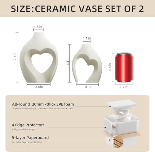 White Vases for Decor, Heart Shaped Ceramic Vase Set of 2, Nordic Heart Shaped Vases, Minimalist Decorative Vase for Table Centerpiece Wedding Dining Living Room Office House Decoration