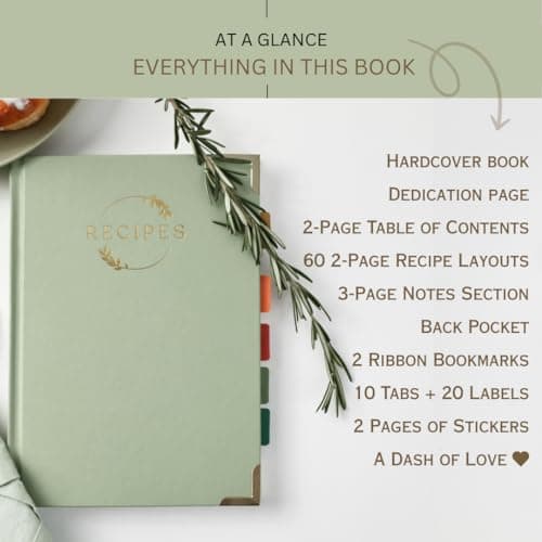 Blank Recipe Notebook | Small Blank Recipe Book to Write in Your Own Recipes | Artisan Hardcover Journal for 60 Recipes | 8.4” x 6” Leather Sage Green & Gold Hardcover | Tabs, Stickers, Pocket & Bookmarks B0D9KZP8TG