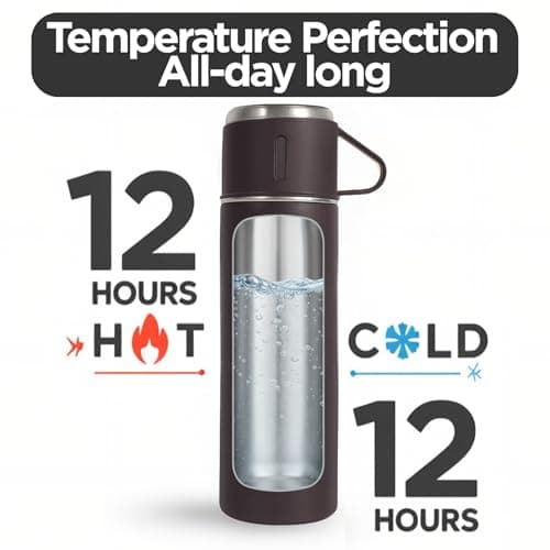 Black Vacuum Flask Gift Set, Stainless Steel Insulated Water Bottle w/ 3 Cups, Hot & Cold Drinks Coffee Thermo Water Bottle, Reusable Thermal Cup for Outdoor Camping Travel, Termos para Agua Fria,17oz