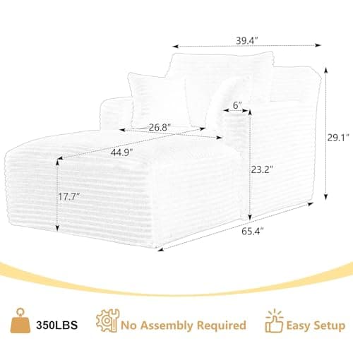 65.4" Chaise Lounge Chair Indoor, Corduroy Oversized Boneless Lounge Chair Single Sofa Bed with 3 Pillows, Deep Seat Comfy Upholstered Reading Chair for Living Room, Bedroom, Apartment Beige