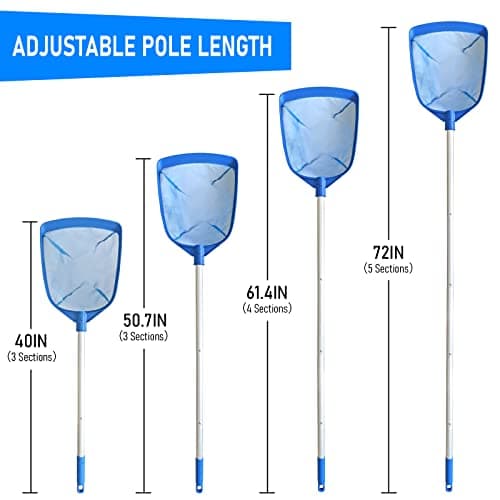 Poolvio Swimming Pool Leaf Skimmer Net, with 5 Sections Telescopic Aluminum Pole & Nylon Medium Fine Mesh Pool Net, Pool Cleaning Tool for Removing Leaves & Debris