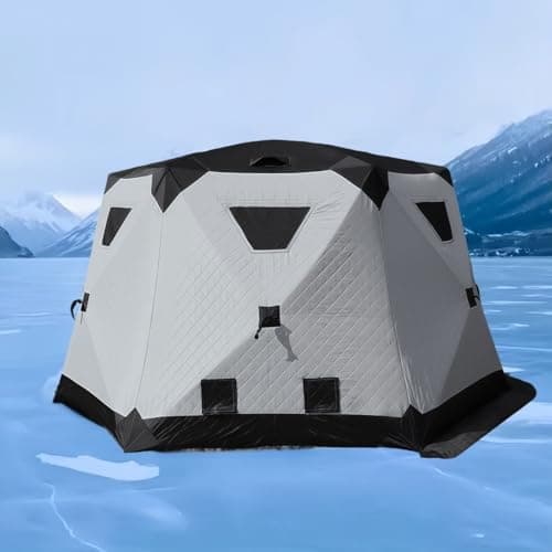8-12Person Ice Fishing Tent with Stove Jack and Floor Portable ICES Fishings Shelter 210D Insulated Layer Oxford Cloth Hexagon Shanty Pop-Up Fish Tent for Winter Camping Fishing