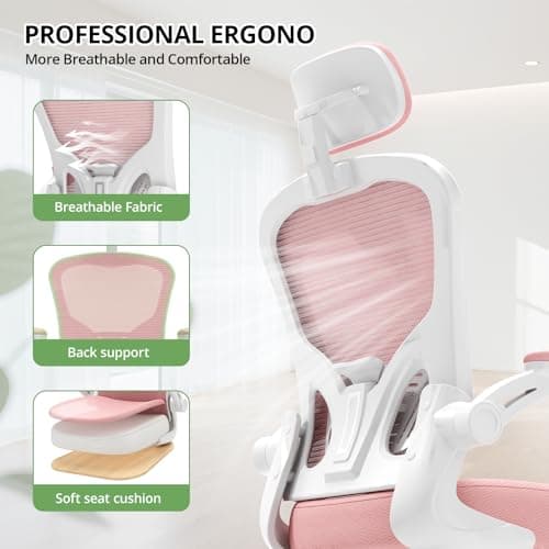 Office Chair Ergonomic Desk Chair, 330LBS Capacity, High Back Computer Design for Long Hours Comfort, Rolling Swivel Executive Task for Home Office with Flip-up Armrests, White Pink