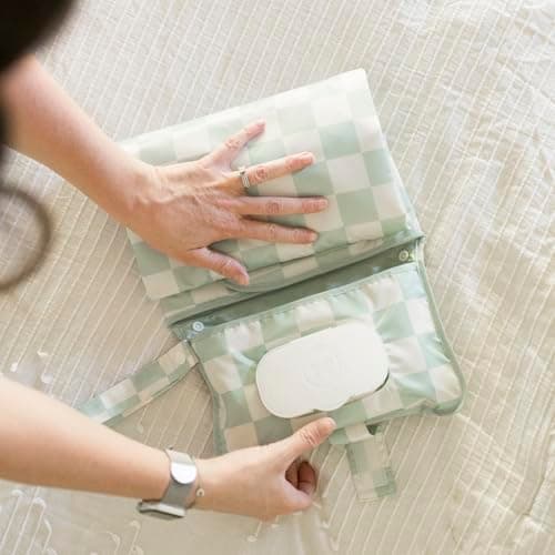 Tiny Twinkle Portable Diaper Changing Pad | Waterproof, Wipeable & Compact Baby Changing Pad for Travel | Smart Wipes Pocket & Organized Storage| Newborn Shower Gift (Sage Checkers) B0DDT2VW7T