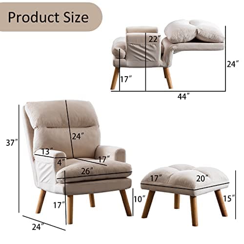 INZOY Accent Chairs with Ottoman Set, Modern Velvet Armchair with Adjustable Backrest, Comfy Lounge Chair for Living Room Bedroom, Beige