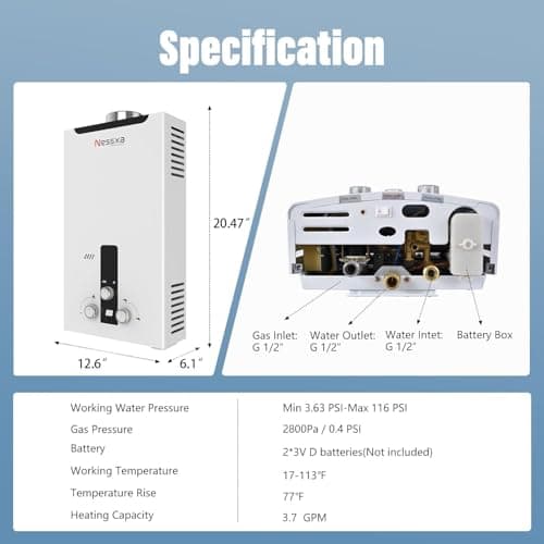 Tankless Water Heater Propane with Digital Display, 3.66 GPM 14L Portable Instant Hot Gas Water Heater with Overheating Protection for Indoor and Camping,85300 BTU