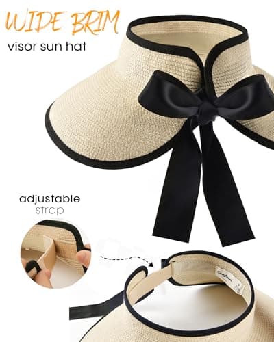 Camptrace Sun Visors for Women Wide Brim Beach Hat Foldable Straw Visor Hat Ponytail Summer Packable UPF 50+