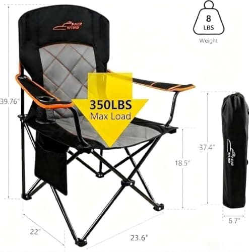 FAIR WIND Oversized Fully Padded Camping Chair, Heavy Duty Quad Fold Chair Arm Chair Support 350 LBS with Cup Holder, Collapsible Lumbar Back Chair Portable for Outdoor, Black