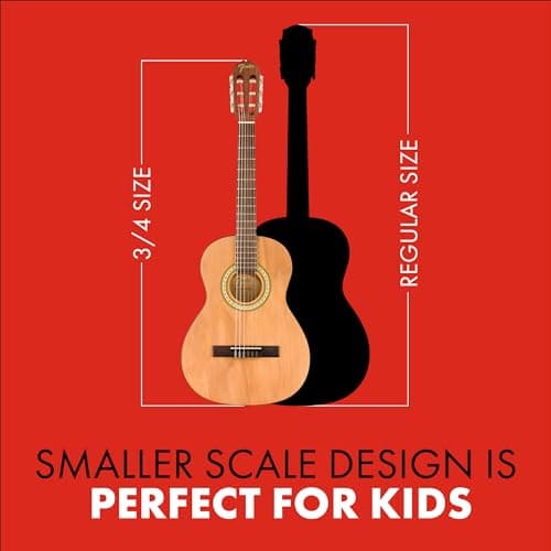 Fender FA-25N 3/4 Size Nylon String Acoustic Guitar, Beginner Guitar, with 2-Year Warranty, Perfect Beginner Guitar for Kids that is Easy on Fingers, Includes 3 Months of Free Lessons, Natural