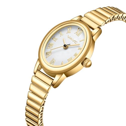 VAVC Small Gold Watches for Women,Analog Womens Watch with Stainless Steel Expansion Band,Oval Case Roman Dial,Water Resistant