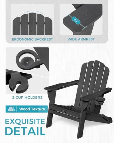 Folding Adirondack Chair,All-Weather HDPE Fire Pit Chair with 2 Cup Holders, Plastic Outdoor Chair for Patio Deck Garden Lawn, Black