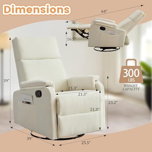 Korser Recliner Chair, Swivel Rocking Recliner Chair for Adults, Glider Rocking Chair, Small Nursery Chair Recliner for Living Room, Reclining Chair with Modern-Designed Armrests, Chenille, Beige