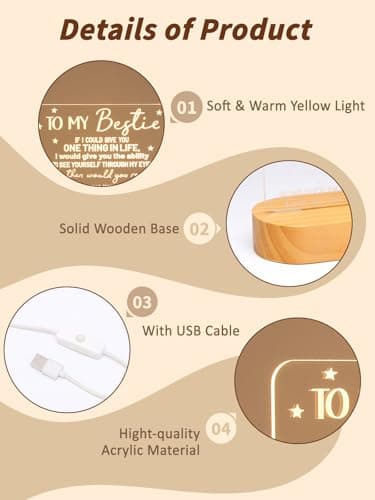 to My Bestie Gifts,3D Illusion Lamp I Love You Friends Night Light for Best Friend Sister Boys & Girls Women BFF Birthday Holiday, Soft Warm White Colors LED Wooden Table Lamp