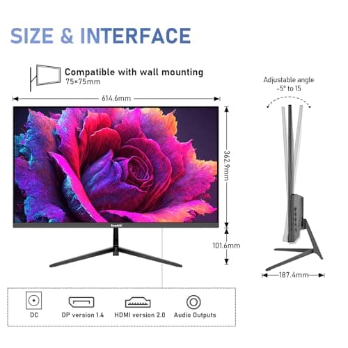 Gawfolk 27 inch IPS 2K QHD (2560×1440) Computer Monitor 75Hz Gaming PC Screen, 1ms,Adaptive Sync,100% sRGB, 1.07 Billion Colours,Built-in Speaker,Display 1.4、Port HDMI2.0, Black
