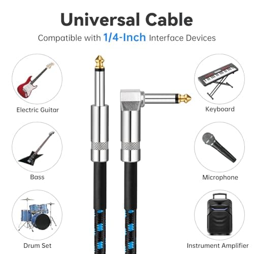 Tomorotec 3-Pack 10ft Braided Guitar Cables for Electric Guitar, Bass, Microphone, Speaker, Mixing Console, 1/4" Interface Instrument Cables with Durable Copper & PE Build and Tangle-Free Tweed Jacket