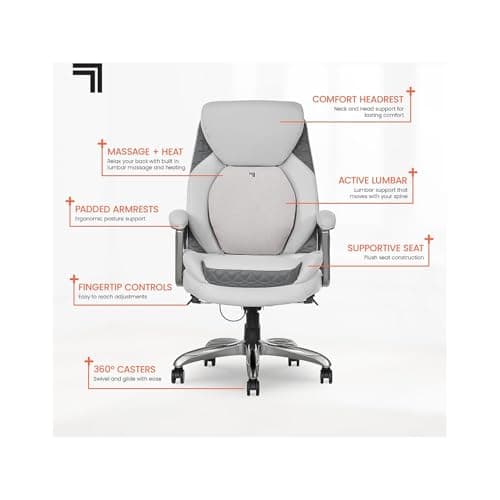 Sharper Image S600 Active Lumbar Ergonomic Bonded Leather Swivel Executive Massage Chair, White/Gray
