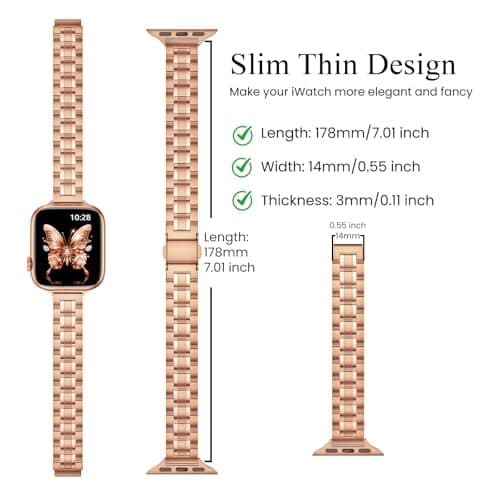 STIROLL Thin Replacement Band Compatible for Apple Watch 38mm 40mm 41mm 42mm(Series 11 10), Stainless Steel Metal Wristband Women Men for iWatch Ultra SE Series 9 8 7 6 5 4 3 2 1, Rose Gold