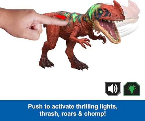 Mattel Jurassic World Wild Roar Afrovenator Dinosaur Action Figure Toy, Attack Action & Lights & Roar Sound, Scan Code for Digital Play