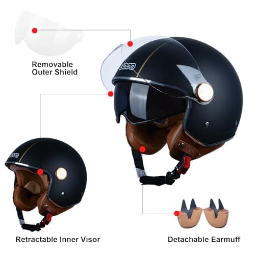 Open Face Motorcycle Helmet for Adults, DOT Approved,3/4 Retro Vespa Helmet, Dual Visors Men's and Women's Motorbike Casco for Moped Cruiser Bobber and Chopper