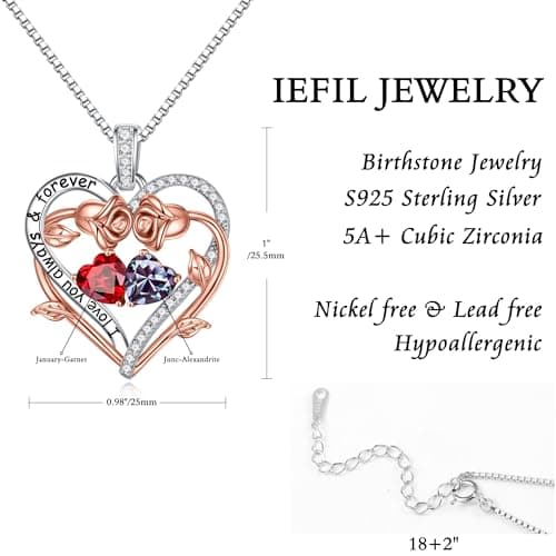 925 Sterling Silver Necklace, Gift Box Packaging, Anniversary Birthday Gifts for Women Her Wife Mom Grandma Iefil Rose Heart Double Birthstone Necklace, Gifts for Wife Her Women B0C1YY72HH