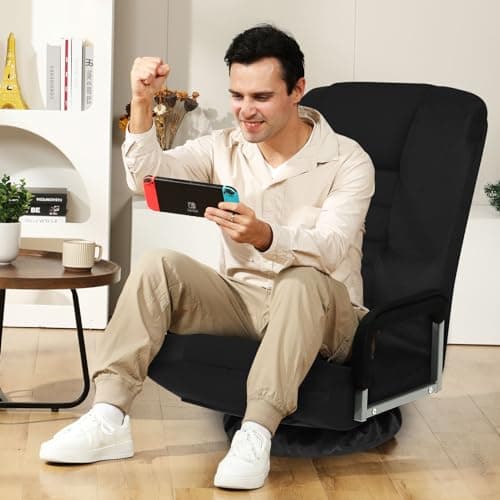 Swivel Gaming Chair Multipurpose Floor Gaming Chair for Playing Video Games, TV, Reading w/Armrest Lumbar Support & 6 Adjustable Postion Backrest for Adults, Black