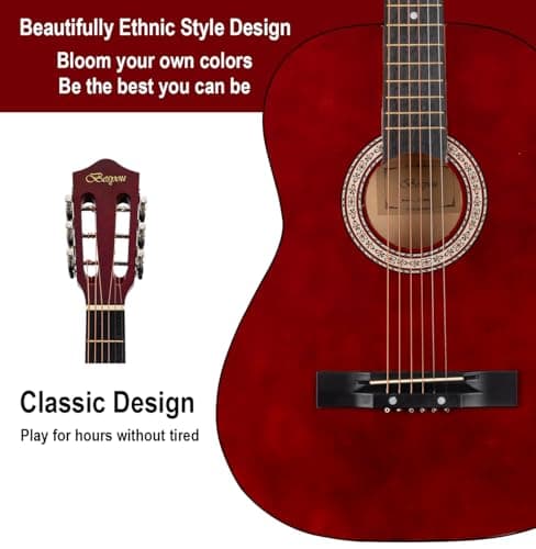 BESYOU 38in Beginner Acoustic Travel Guitar Basic Starter Kit Tuner Capo Strings Winders Strap Picks Pickguard with Gig Bag Starter Practice Guitar For Kids Teens Students Adults