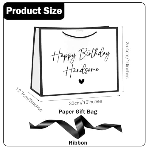 Loveinside 13" Large Birthday Gift Bag, White & Black Happy Birthday Handsome Elegant Script Design Party Bag with Bow Ribbon for Men, Husband, Boyfriend, Party Gift, 13" x 5" x 10", 1 Pcs B0GGZD2DT9