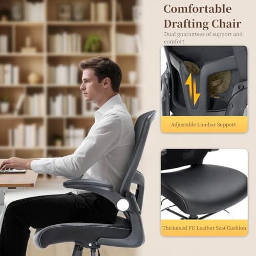 Drafting Chair, Tall Office Chair with PU Leather Seat, Ergonomic Standing Desk Chair with Lumbar Support Counter Height Office Chair with Adjustable Footrest Ring Flip-up Armrests
