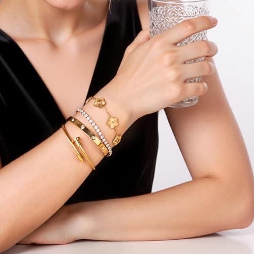 18K Gold Plated Bangle Bracelet Set for Women Stackable Lucky Floral Adjustable Tennis Bracelet Non Tarnish Gift Jewelry for Christmas Valentines Birthday Mother's Day B0FH8ZYLJL