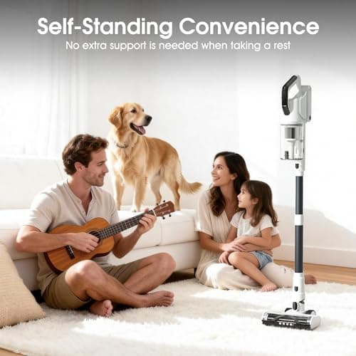 Cordless Vacuum Cleaner, 600W 50KPA 65Mins Runtime Fast Charging Vacuum Cleaner, Self-Standing LED Light Touch Screen Stick Vacuum for Home Light Weight,for Pet Hair/Carpet/Floor, White