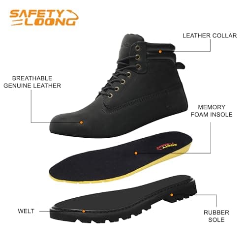 SAFETY LOONG Work Boots for Men Waterproof Soft Toe Non Slip Comfortable Leather Workboots