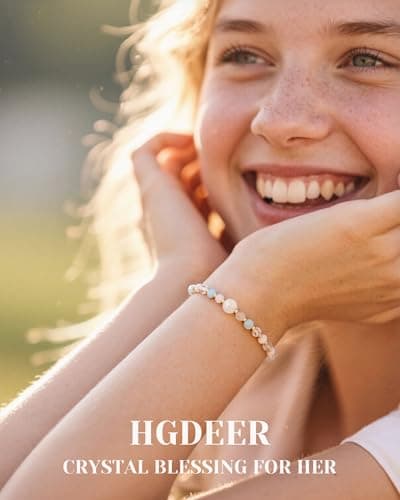 HGDEER Natural Crystal Bracelet 13th 16th Birthday Gifts for Girls - Rose Quartz Moonstone Aquamarine Healing Stones Jewelry with Meaning Card for Daughter Granddaughter