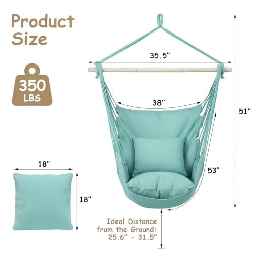 Athena Collection Hammock Chair Hanging Rope Swing Chair with 2 Cushions, Max 350 Lbs, Hanging Macrame Chair with Anti-Slip Grooves Spreader Bar and Pocket for Outdoor Indoor Patio Yard, Green