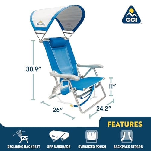 GCI Outdoor Sunshade Backpack Beach Chair | Reclining Folding Canopy Chair with Durable Armrests, Drink Holder & Carry Straps, Perfect for Beach Trips & Picnics — Saybrook Blue