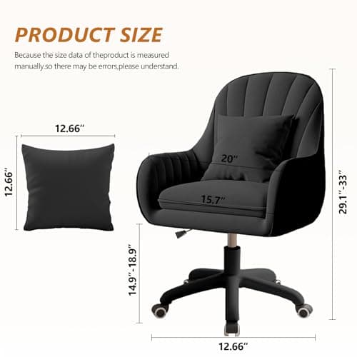 JPBSTO Upholstered Desk Chair with Pillow Swivel Rolling Accent Chair for Women Girls, Adjustable Height Vanity Chair with Wheels for Living Room, Home Office, Black