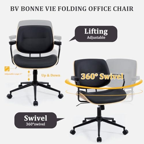 BV BONNE VIE Mid Century Walnut Office Chair with Arms, Adjustable Swivel Desk Chair, Leather Computer Chair with Rolling Wheels for Home Office or Study Room, Black