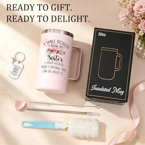 Gift-Ready Package with 20oz Mug, Straw, Sliding Lid, Brushes, Keychain & Gift Box, Birthday & Christmas Gift for Sisters Lifecapido Sister Gifts, 20oz Stainless Steel Insulated Coffee Mug Set B0FMK4LXHG