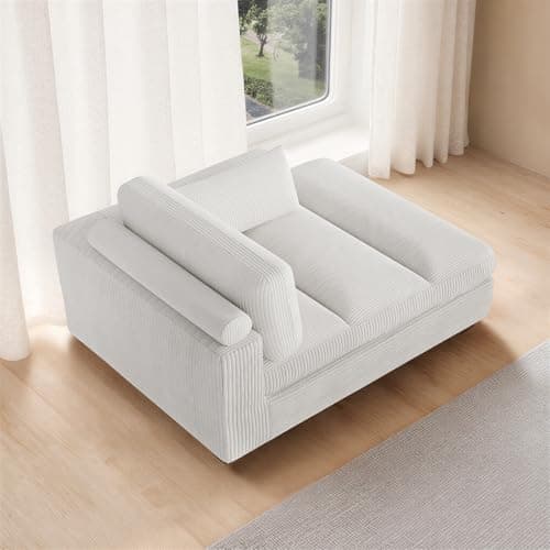 Oversized Chaise Lounge Chair Indoor with Left Armrest, Comfy Upholstered Sofa Bed Recliner Chair for Living Room, Corduroy Reading Seat Cloud Couch w/Solid Wood Frame - Sea Salt Grey