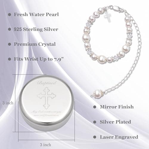 Baptism Bracelet in Sterling Silver and Cultured Pearls for Baby Girls, with Silver-plated Jewelry Keepsake Box, Great Catholic Christening and Baptism Gifts for Girl
