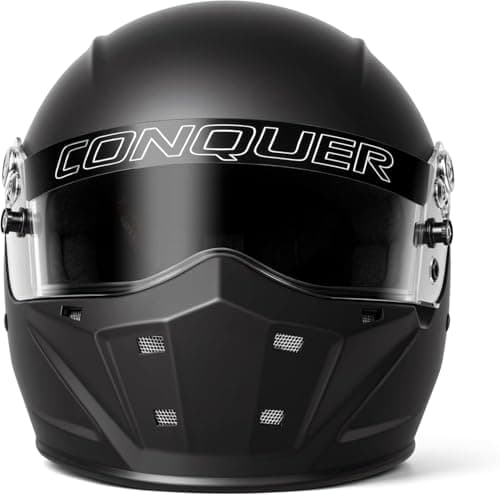 Conquer Snell SA2025 Approved Full Face Auto Racing Race Car Helmet - Adult | Men | Women | - Black / White / Silver