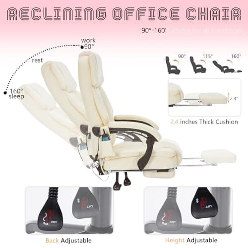 Massage Office Chair with Foot Rest 6 Points Vibration and Heat Home Office Desk Chairs for Heavy People 400lbs Reclining Managerial Chairs Ergonomic Executive Chair (Cream)