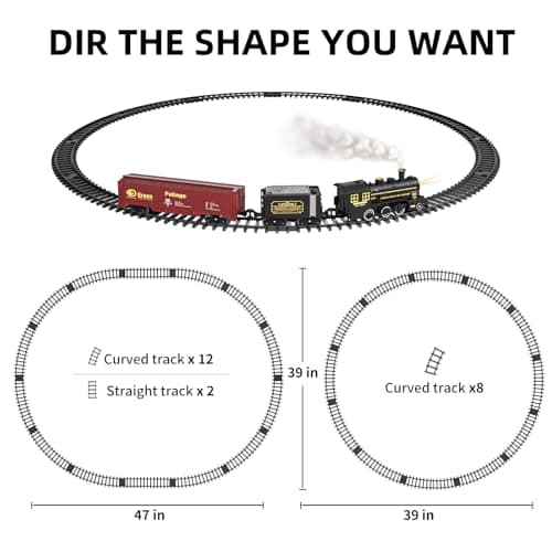 TEMI Steam Train Toy Set for Boys 3 4 5 6 7 Years, with Sounds & Light, Electric Classical Engine Locomotive for Kids, Rechargeable Model Train Kit for Christmas Tree, Cargo Car Railway Tracks