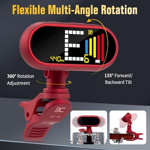 EX Professional Rechargeable Chromatic Clip-On Guitar Tuner — Fast, Ultra-Accurate Clip-On Tuner with Color LCD for Acoustic Guitar, Bass Guitar, Ukulele & Violin, Red